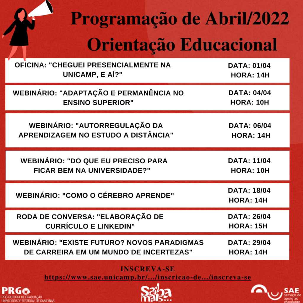 A programação de Abril/2022 da Orientação Educacional já está disponível. Inscrevam-se e participem!!