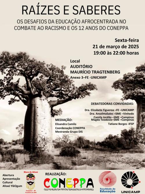 Cartaz do evento "Raízes e Saberes: O Desafio da Educação Afrocentrada no Combate ao Racismo e os 12 Anos do Coletivo Negro com Práticas Pedagógicas em Africanidades"