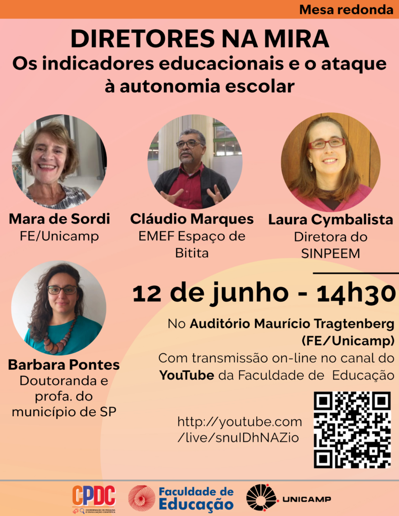 cartaz DIRETORES NA MIRA - Os indicadores educacionais e o ataque à autonomia escolar