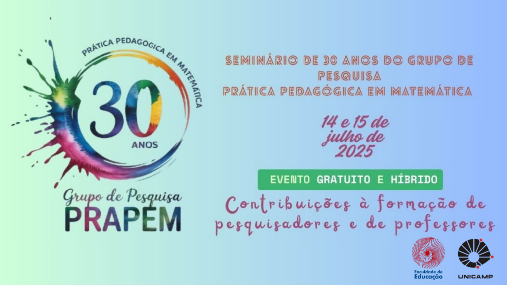 Arte de divulgação do evento com informações de local, horário e data e conforme constam no site. O fundo da imagem é colorido em tons de azul e lilás e a imagem apresenta o logo colorido do grupo de pesquisa PRAPEM com o efeito de um espirro de tinta.