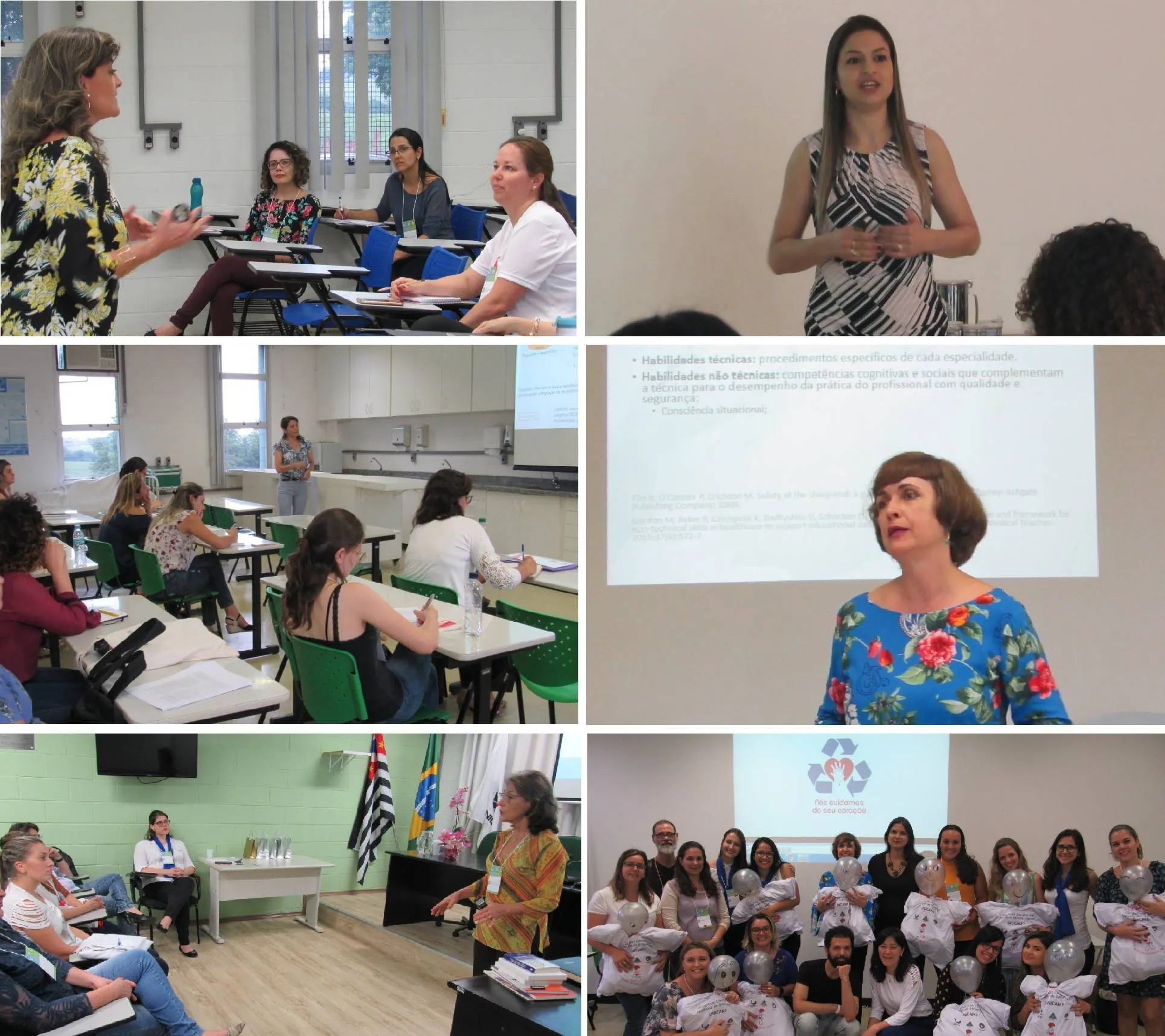 Colagem de seis fotografias mostrando diferentes momentos de atividades educacionais, incluindo apresentações em salas de aula com instrutoras e participantes, uma projeção sobre habilidades técnicas e não técnicas, e uma foto de grupo com participantes segurando modelos de bebês para treinamento.